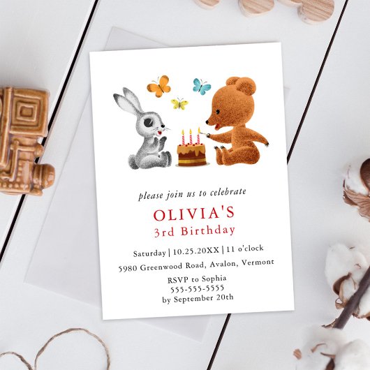 Invitation Carte Postale Joyeux 3e anniversaire Teddy Bear Bunny Cake