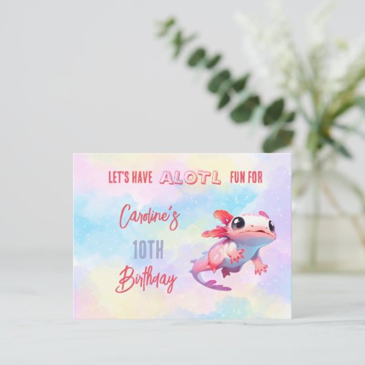 Invitation Carte Postale Joyeux Anniversaire Axolotl Rose Mignon Arc-en-Cie (Debout devant)