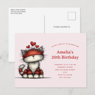 Invitation Carte Postale Joyeux Anniversaire Chat Mignon avec des Cœurs d'A