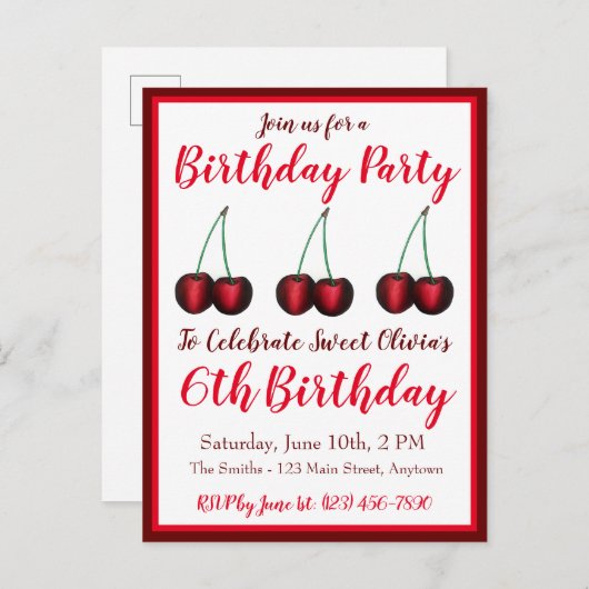 Invitation Carte Postale Joyeux Anniversaire Douce Bing Cerise Cerises Frui (Devant / Derrière)