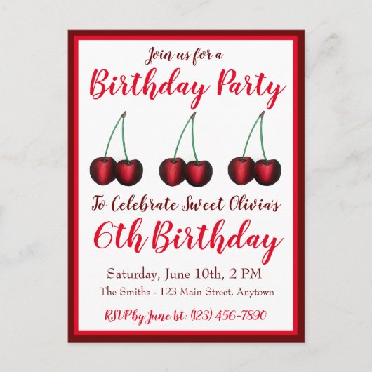 Invitation Carte Postale Joyeux Anniversaire Douce Bing Cerise Cerises Frui (Devant)