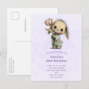 Invitation Carte Postale Joyeux Anniversaire Lapin Mignon tenant une Tulipe