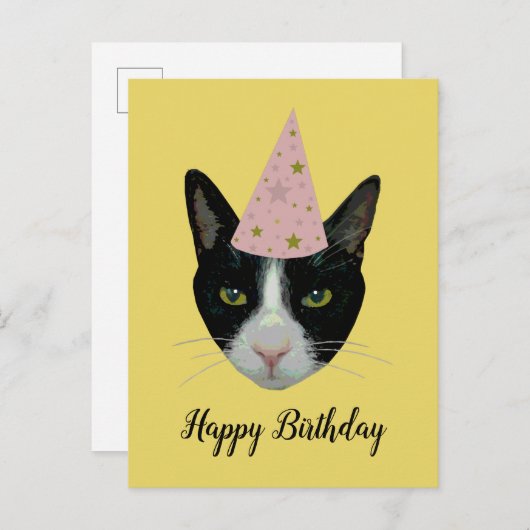 Invitation Carte Postale Joyeux anniversaire - Tuxedo Chat avec Casquette d (Devant / Derrière)