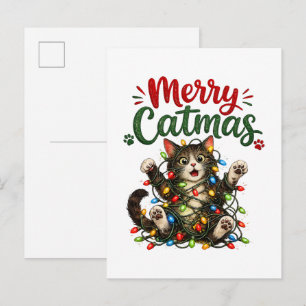 Invitation Carte Postale Joyeux Catmas Drôle Chat Arbre de Noël Lumières Xm