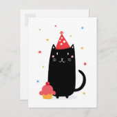 Invitation Carte Postale Joyeux chat d'anniversaire avec cupcake et casquet (Devant / Derrière)