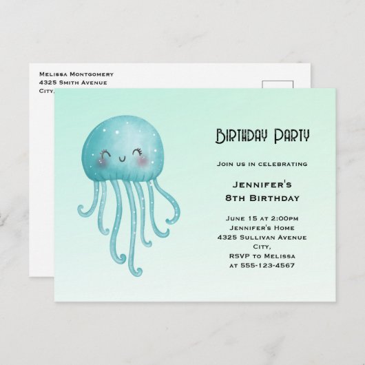 Invitation Carte Postale Joyeux et joyeux poisson bleu-vert Jellyfish Anniv (Devant / Derrière)