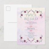 Invitation Carte Postale Jumeaux : Boho Floral & Lavender Watercolor (Devant / Derrière)