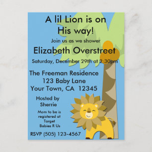 Invitation Carte Postale Jungle King Lion Baby shower Blue Sky Zoo Safari
