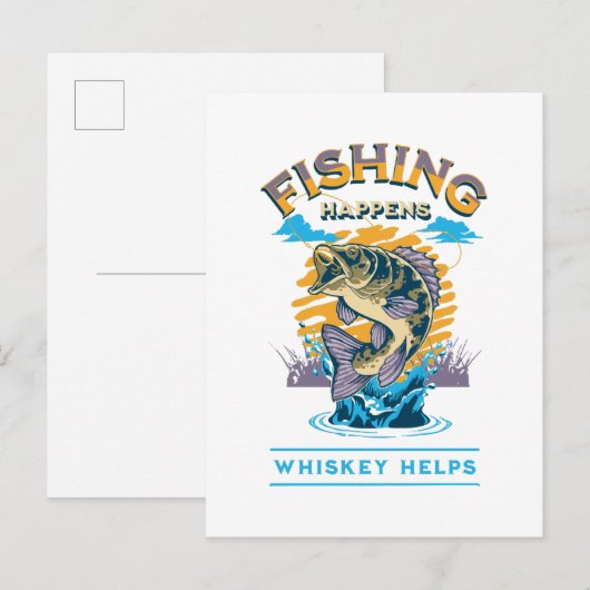 Invitation Carte Postale La pêche arrive. Le whisky aide ! (Devant / Derrière)