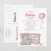 Invitation Carte Postale La princesse rose Eléphant fête du 1er anniversair (Devant / Derrière)