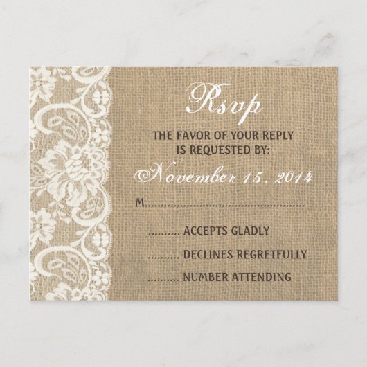 Invitation Carte Postale Lace Look Rustique CHAUD Burlap Wedding RSVP PostC (Devant)