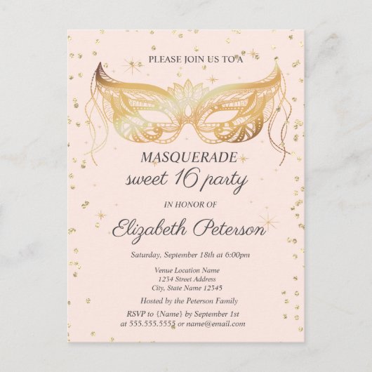 Invitation Carte Postale Lace Masque Or Diamants Doux 16 (Devant)