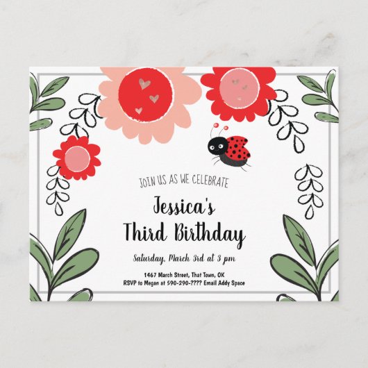 Invitation Carte Postale Ladybug et Fleurs Anniversaires de enfants Invitat (Devant)