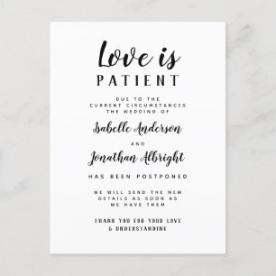 Invitation Carte Postale L'amour est patient, mariage élégant reporté