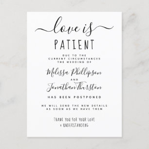 Invitation Carte Postale L'amour est patient, mariage élégant reporté