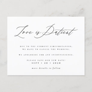 Invitation Carte Postale L'amour est patient Mariage noir & blanc reporté
