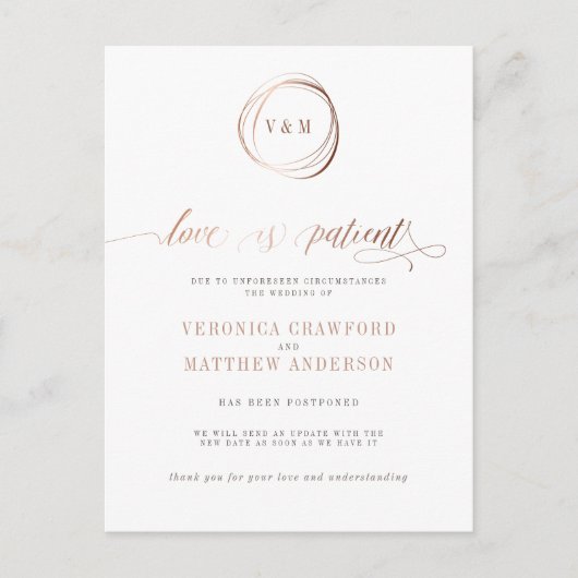 Invitation Carte Postale L'amour est Patient Rose Gold Mariage Changement d (Devant)