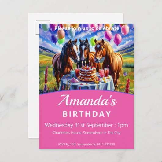 Invitation Carte Postale L'anniversaire du cheval (Devant / Derrière)