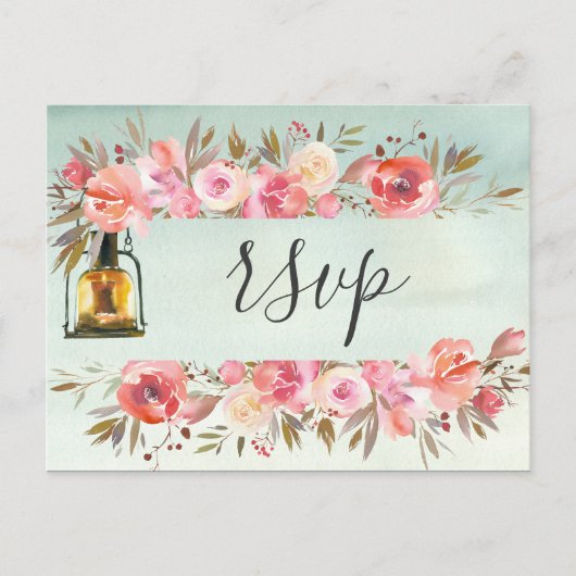 Invitation Carte Postale Lanterne florale aquarelle verte rustique pour mar (Devant)