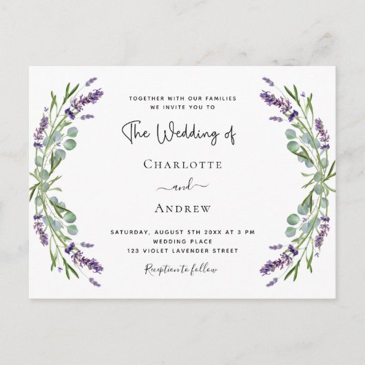 Invitation Carte Postale Lavande fleurit vert code QR RSVP mariage (Devant)