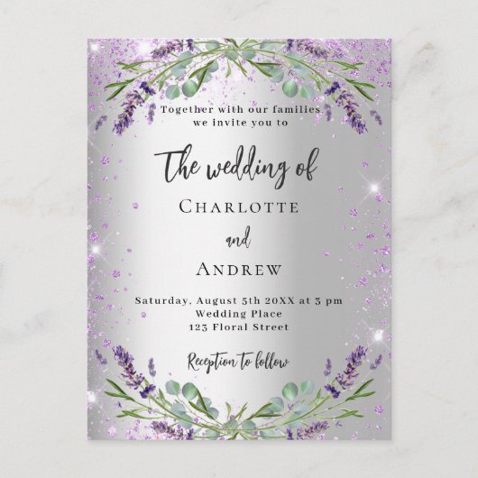 Invitation Carte Postale lavande mariage argent eucalyptus verdure fleurie (Devant)