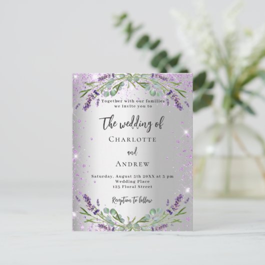 Invitation Carte Postale lavande mariage argent eucalyptus verdure fleurie (Debout devant)