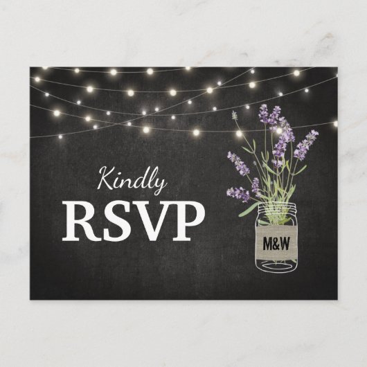 Invitation Carte Postale Lavande rustique Mason Jar Lumières Mariage RSVP (Devant)