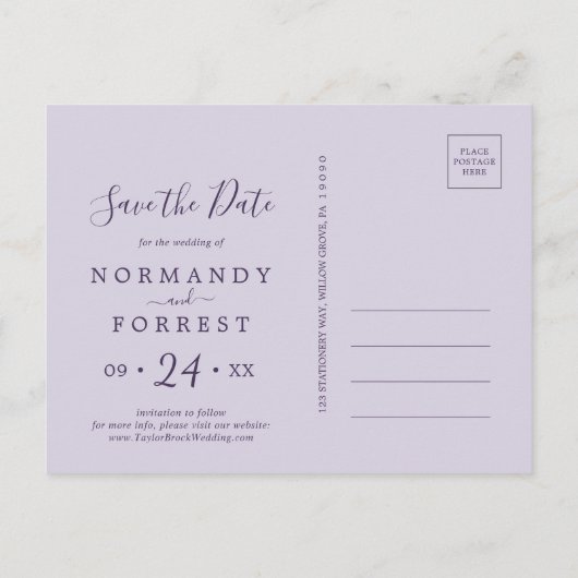 Invitation Carte Postale Lavande rustique | Navy Blue Enregistrer la date C (Dos)