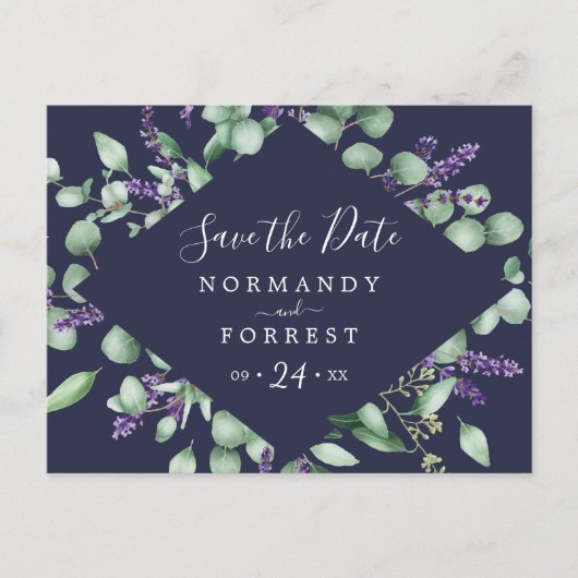 Invitation Carte Postale Lavande rustique | Navy Blue Enregistrer la date C (Devant)