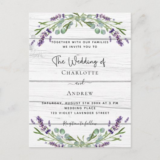 Invitation Carte Postale Lavande vert bois blanc Code QR mariage (Devant)