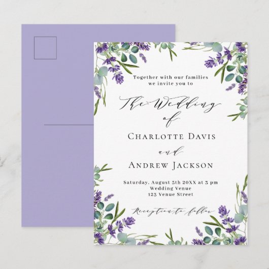 Invitation Carte Postale Lavande violet florales mariage verdure (Devant / Derrière)