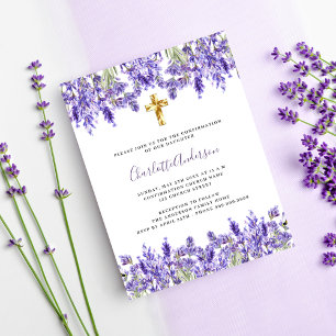 Invitation Carte Postale Lavande violette florales or croix Confirmation