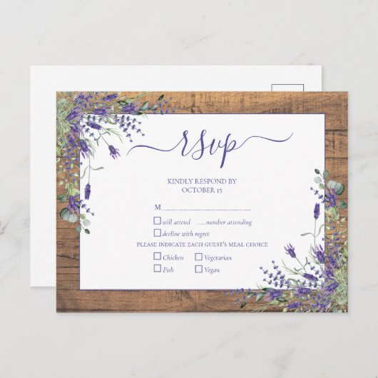Invitation Carte Postale Lavender Eucalyptus Script mariage en bois RSVP (Devant / Derrière)
