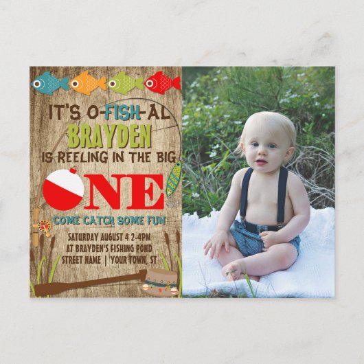 Invitation Carte Postale Le Big One Fishing Theme Garçons 1er anniversaire (Devant)