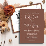 Invitation Carte Postale Le code QR de Terracotta tout en un Mariage modern<br><div class="desc">Terracotta Script moderne QR Code Tout en un minimaliste carte de Faire-part de mariage. Célébrez votre journée spéciale avec cette belle et élégante carte de faire-part de mariage pour embellir votre occasion spéciale. Tous les textes sont pré-arrangés pour que vous personnalisiez facilement et rapidement avec vos propres détails. Si vous...</div>