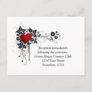 Invitation Carte Postale Le noir fleuri de coeur rouge tourbillonne RSVP