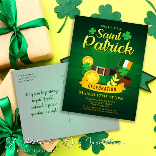 Invitation Carte Postale Leprechaun Casquette et Gold St. Patrick's Day