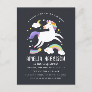 Invitation Carte Postale Licorne, étoiles et fête d'anniversaire magiques
