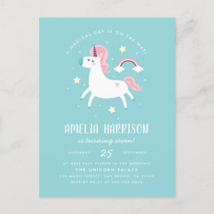 Invitation Carte Postale Licorne, étoiles et fête d'anniversaire magiques