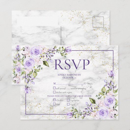Invitation Carte Postale Lilac Lavender Marbre Or Mariage Floral RSVP (Devant / Derrière)