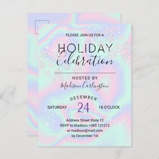 Invitation Carte Postale Liquide Faux Holographique Textes Snowflakes Holid (Devant / Derrière)
