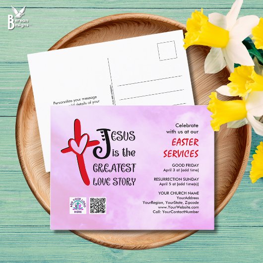 Invitation Carte Postale Logo QR Code JESUS GREATEST LOVE STORY Easter