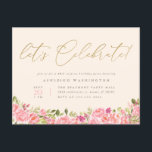 Invitation Carte Postale L'or rose floral fête son anniversaire<br><div class="desc">Célébrez l'anniversaire de votre amie et donnez-lui une surprise extraordinaire ! Cette carte postale surprenante d'invitation à la fête d'anniversaire présente des fleurs de printemps aquarellisées dans des tons roses, avec des feuilles verts luxuriants placés contre un arrière - plan crème. "Célébrons-nous" apparaît en haut d'une chic calligraphie à fausse...</div>