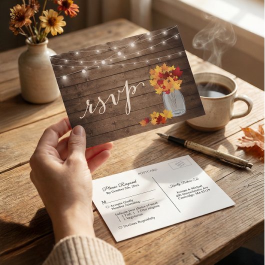 Invitation Carte Postale Lumières de chaîne de pot Mason de feuilles d'auto