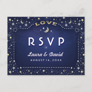 Invitation Carte Postale Lune et étoiles Marine Bleu Or Blanc Correspondant