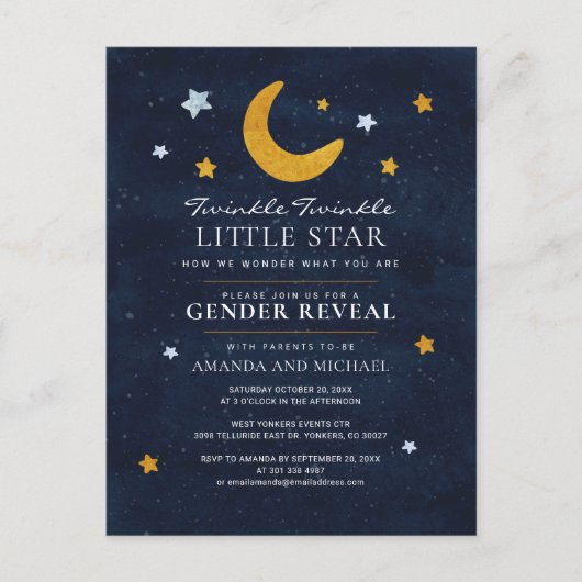 Invitation Carte Postale Lune Stars Genre Révéler Couple Marine Bleu (Devant)