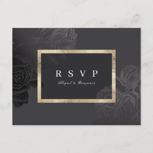 Invitation Carte Postale Luxe or noir vintage mariage botanique RSVP