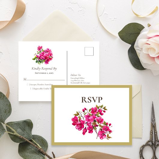 Invitation Carte Postale Magenta Wild Roses RSVP
