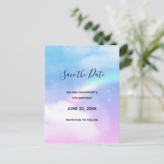 Invitation Carte Postale Magical Pastel Clouds and a Rainbow Enregistrer la (Debout devant)