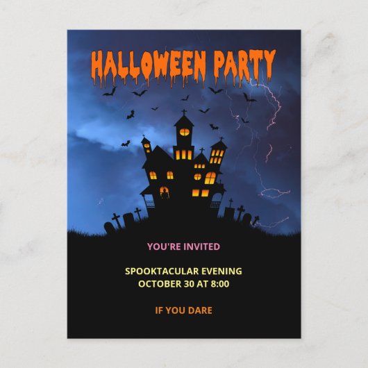 Invitation Carte Postale Maison hantée éffrayante avec tempête de chauves-s (Devant)